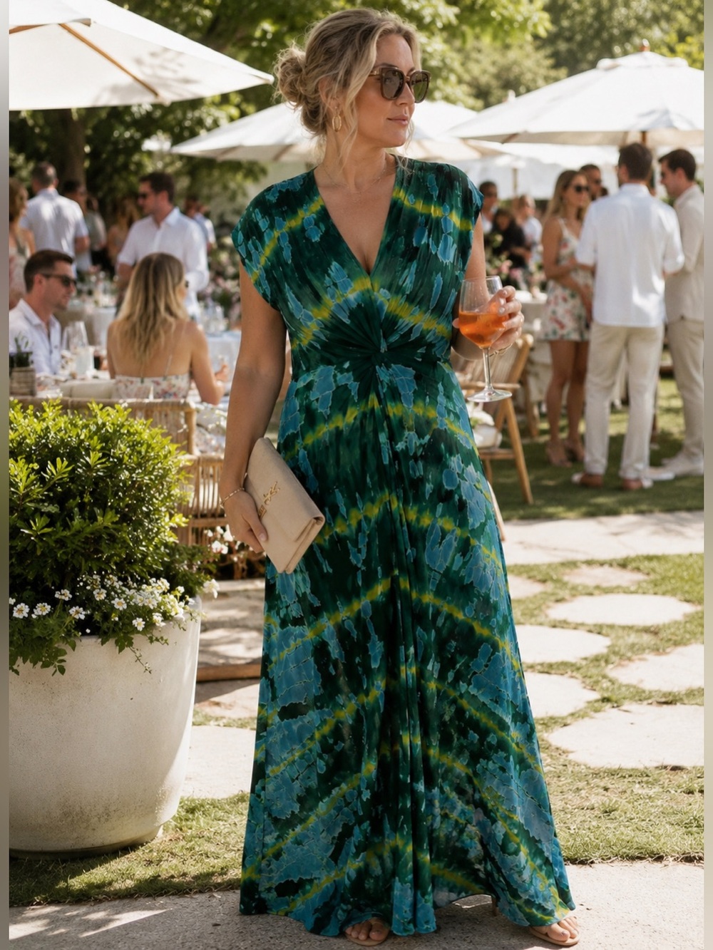 YFB YOUNG FABULOUS & BROKE Green Tie-Dye V-Neck Maxi Dress L
